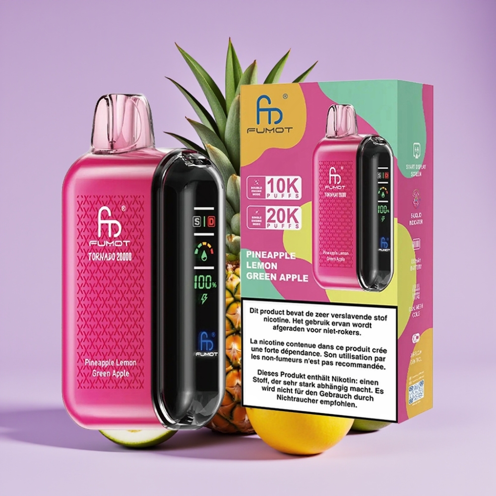 Fumot Tornado 20000 Puffs Ananas Citrón Zelené Jablko Dual Mesh Coil Smart Display