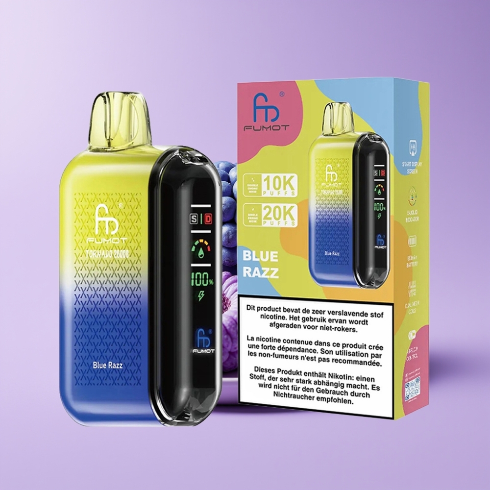 Fumot Tornado 20000 Puffs Jednorázová E-cigareta Modrá Malina s Duální Mesh Cívkou a Smart Displejem