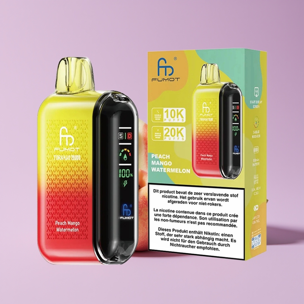 Fumot Tornado 20000 Puffs Jednorázová Vape Broskev Mango Vodní Meloun Dual Mesh Coil