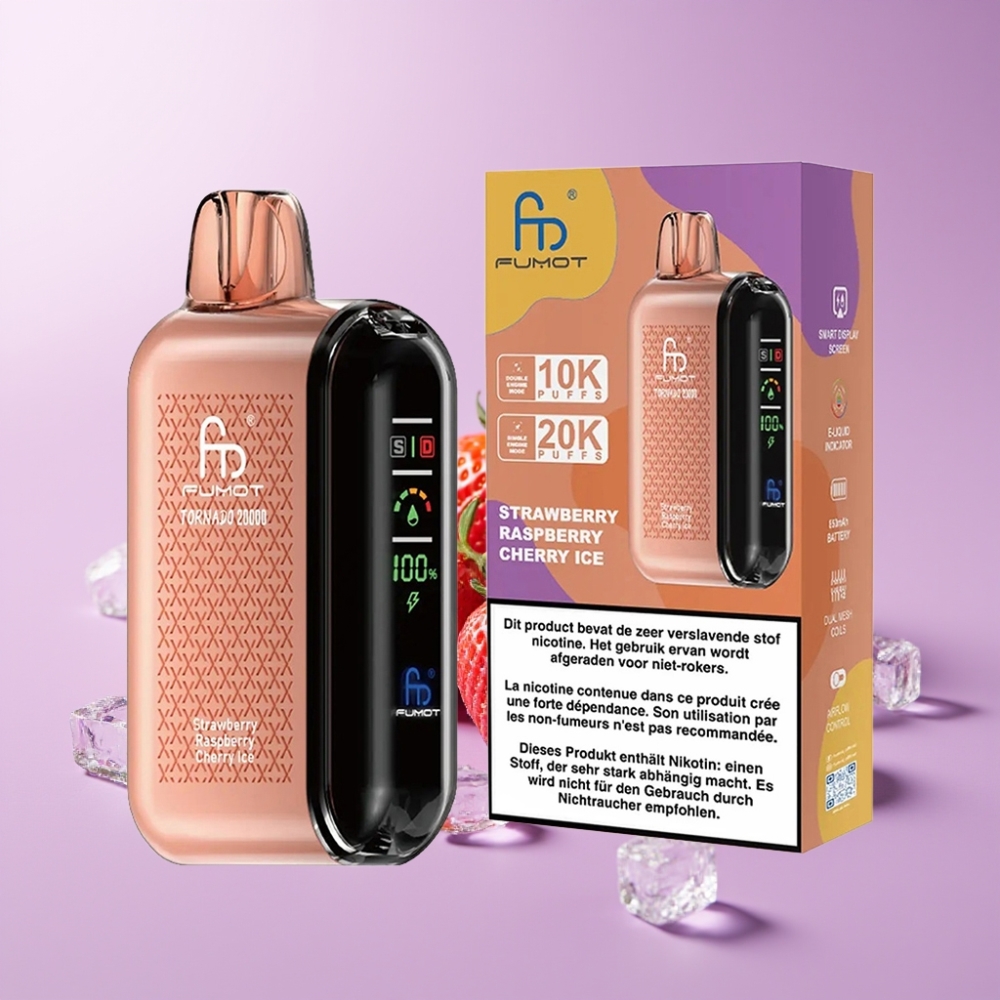 Fumot Tornado 20000 Puffs Jednorázová Vape Jahoda Malina Višeň Led s Duální Mesh Cívkou