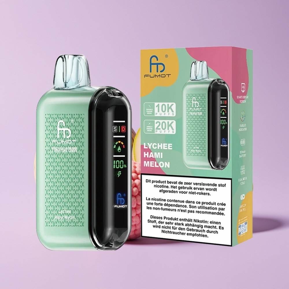 Fumot Tornado 20000 Puffs Jednorázová Vape Liči Hami Meloun s Duální Mesh Cívkou a Smart Displejem