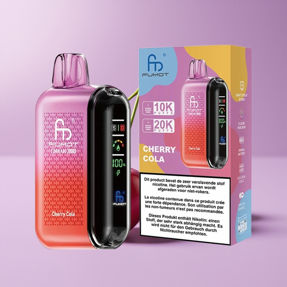 Fumot Tornado 20000 Puffs Jednorázová Vape Třešňová Kola s Dual Mesh Coil a Smart Display