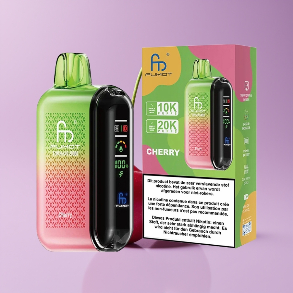 Fumot Tornado 20000 Puffs Jednorázová Vape Třešňová s Duální Mesh Cívkou a Smart Displejem