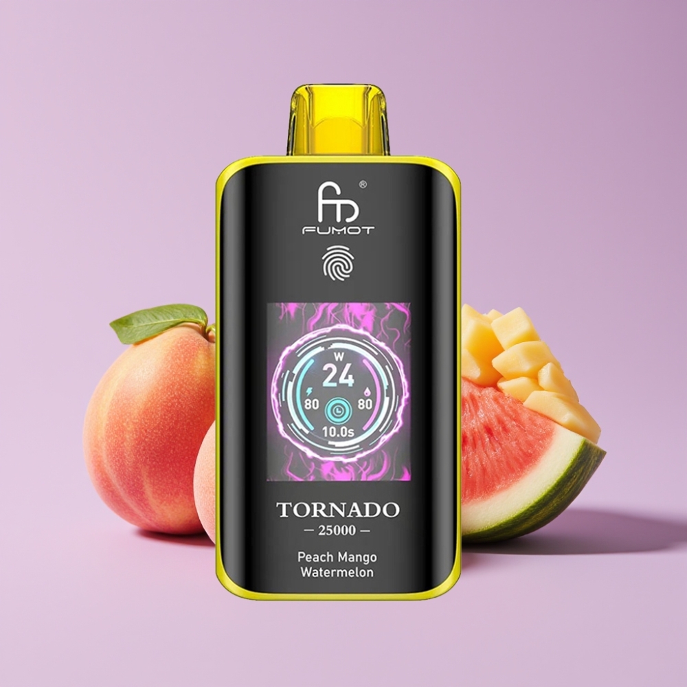 Fumot Tornado 25000 Puffs Disposable Vape Broskev Mango Meloun s HD obrazovkou a 700mAh baterií