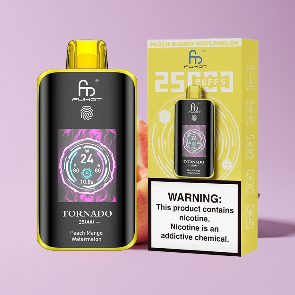 Fumot Tornado 25000 Puffs Disposable Vape Broskev Mango Meloun s HD obrazovkou a 700mAh baterií