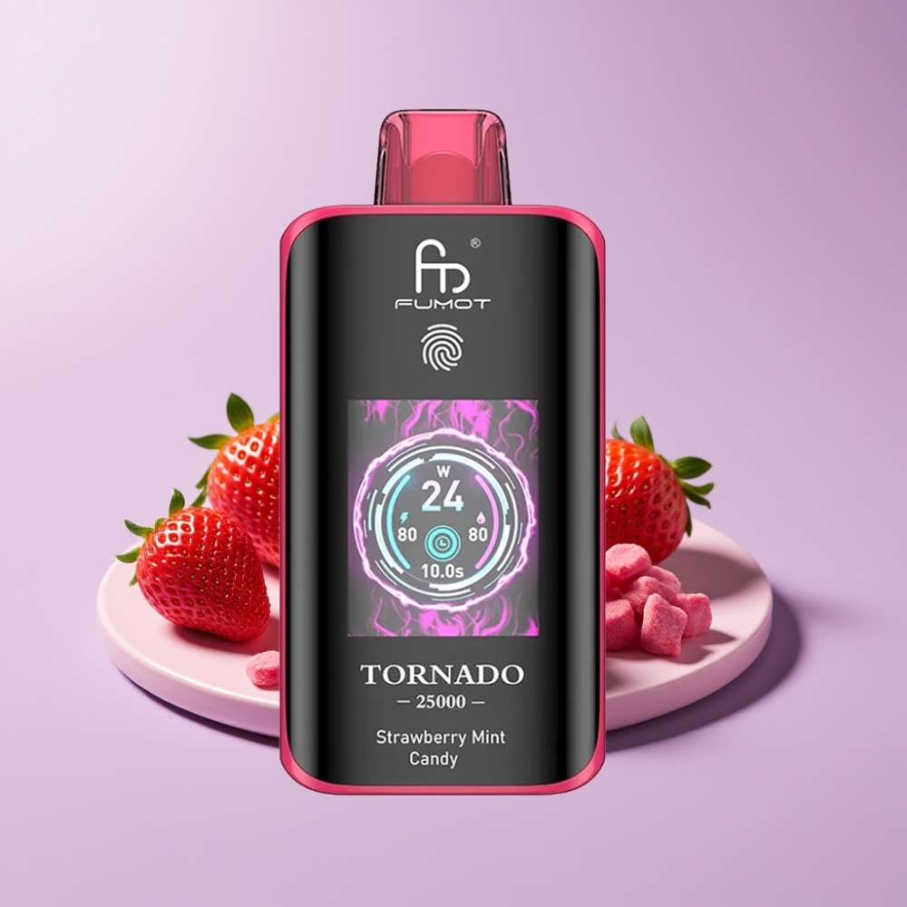 Fumot Tornado 25000 Puffs Disposable Vape Jahodová Mátová Cukrovinka s HD obrazovkou a 700mAh baterií