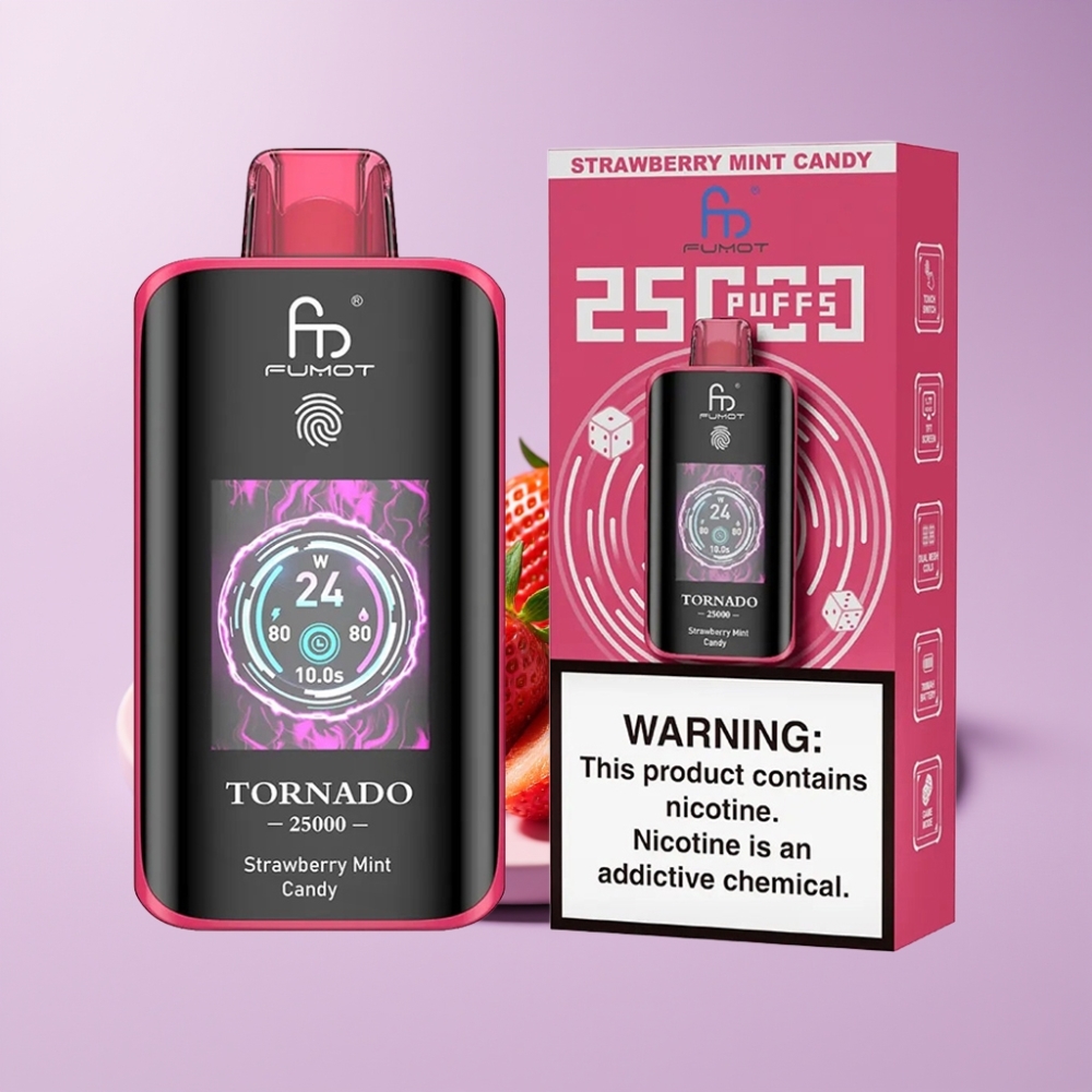 Fumot Tornado 25000 Puffs Disposable Vape Jahodová Mátová Cukrovinka s HD obrazovkou a 700mAh baterií