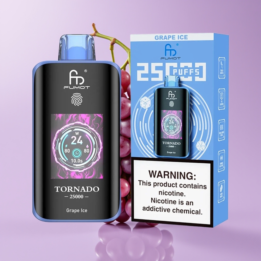 Fumot Tornado 25000 Puffs Disposable Vape Ledová Hroznová s HD obrazovkou a 700mAh baterií