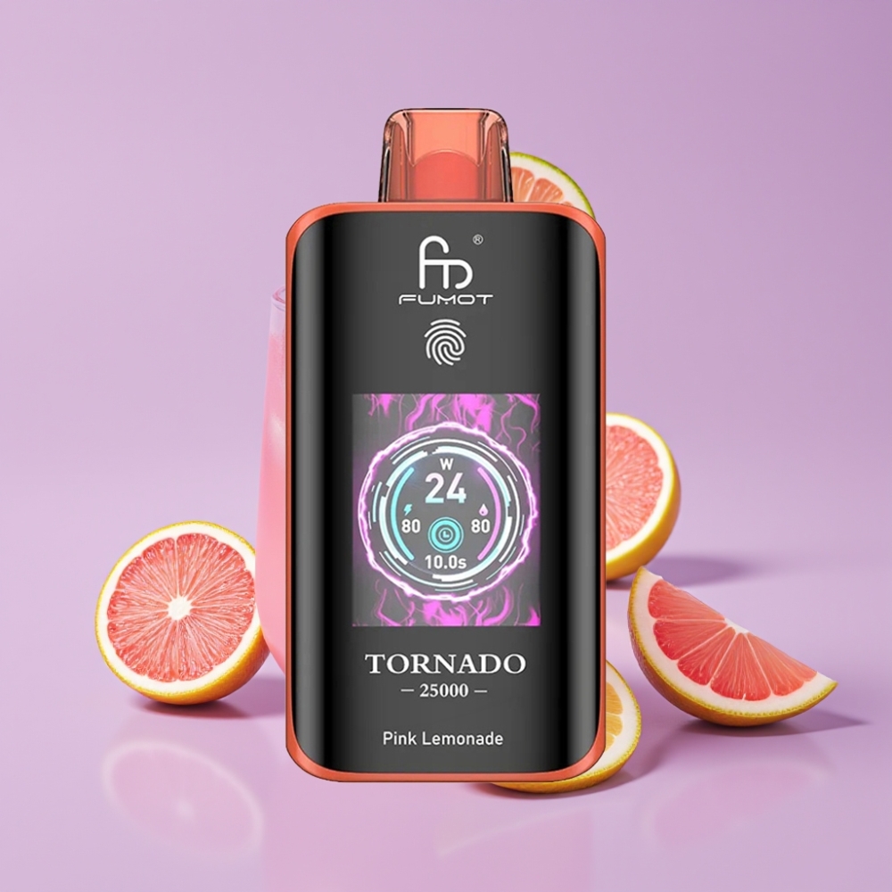 Fumot Tornado 25000 Puffs Disposable Vape Růžová Limonáda s HD obrazovkou a 700mAh baterií