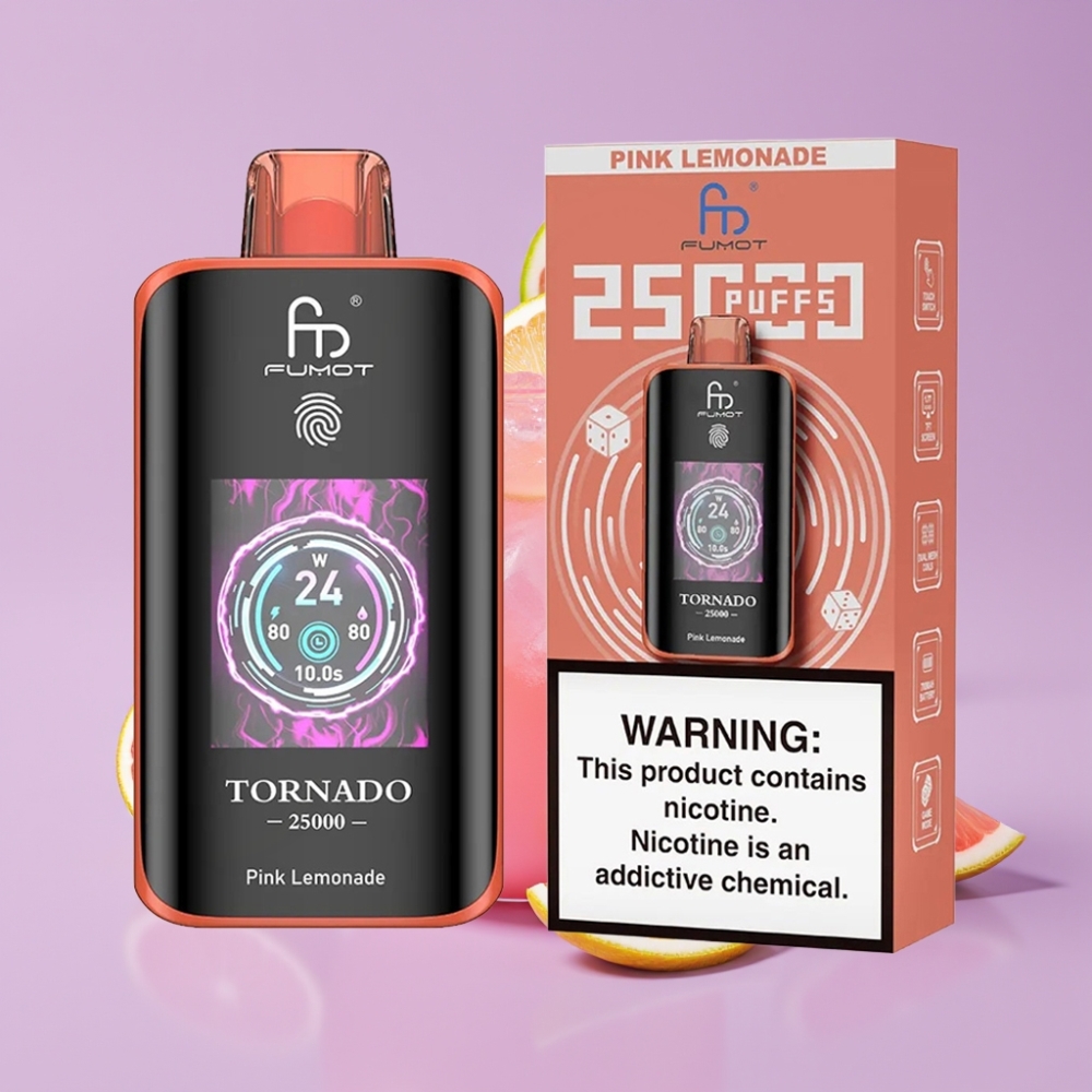 Fumot Tornado 25000 Puffs Disposable Vape Růžová Limonáda s HD obrazovkou a 700mAh baterií