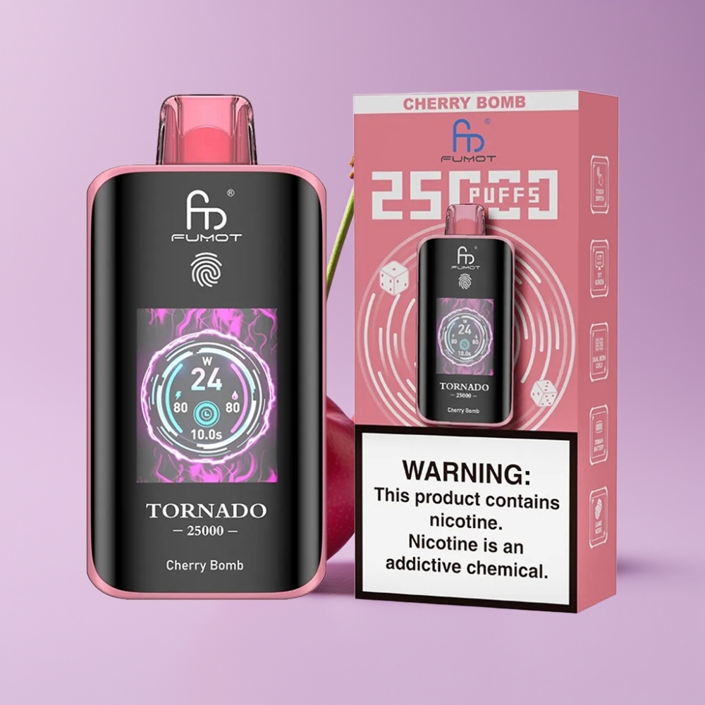 Fumot Tornado 25000 Puffs Disposable Vape Třešňová Bomba s HD obrazovkou a 700mAh baterií