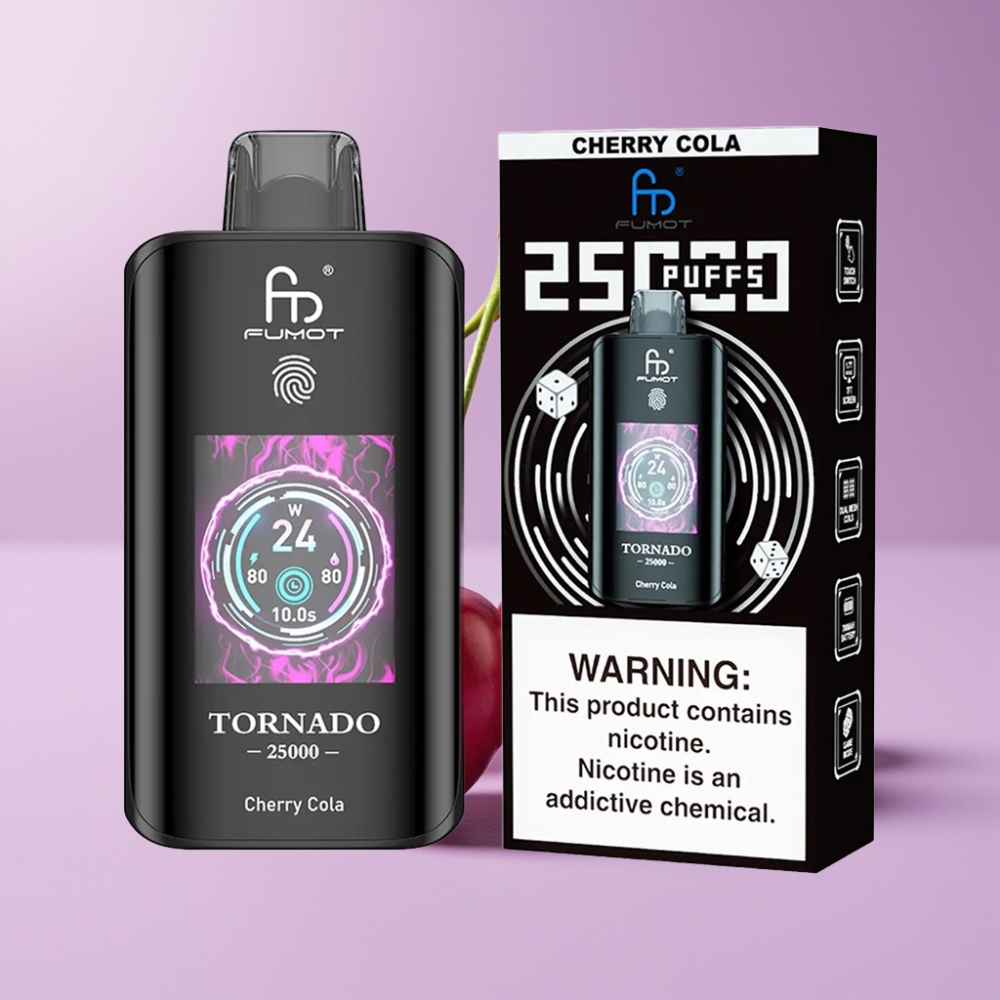Fumot Tornado 25000 Puffs Disposable Vape Třešňová Kola s HD obrazovkou a 700mAh baterií