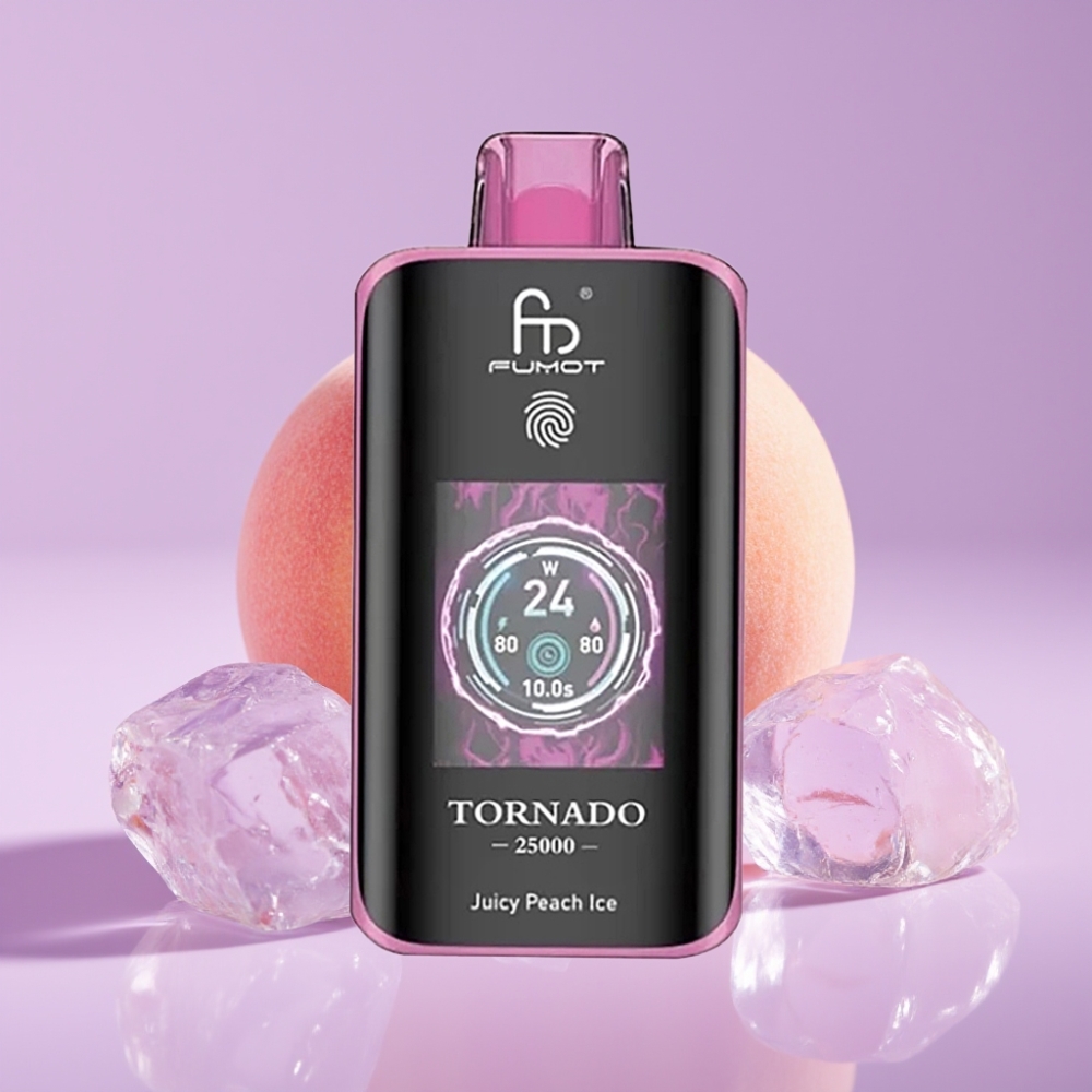 Fumot Tornado 25000 Puffs Disposable Vape Šťavnatá Broskev Led s HD obrazovkou a 700mAh baterií