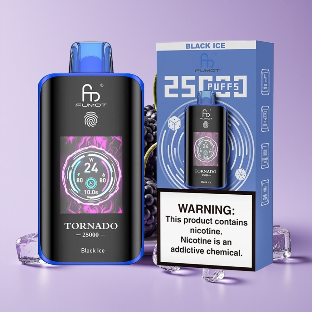 Fumot Tornado 25000 Puffs Disposable Vape Černý led s HD obrazovkou a 700mAh baterií