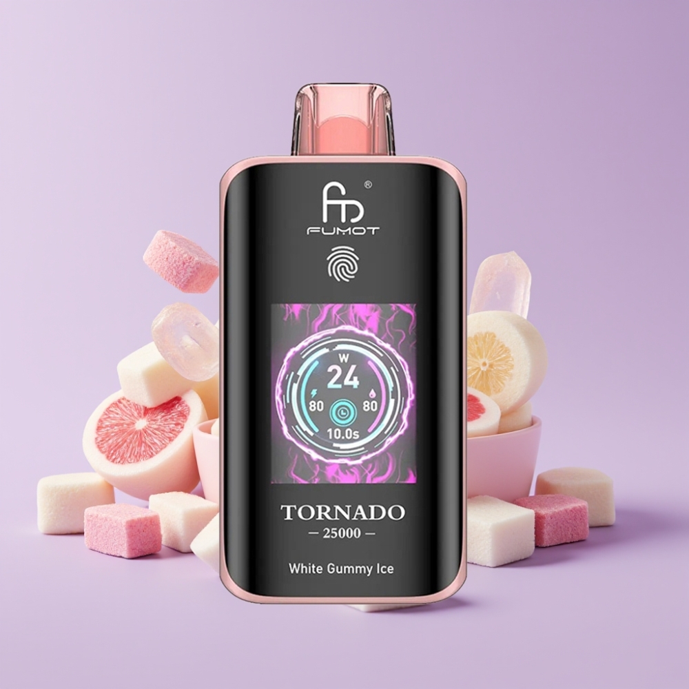 Fumot Tornado 25000 Puffs White Gummy Ice s HD obrazovkou a 700mAh baterií