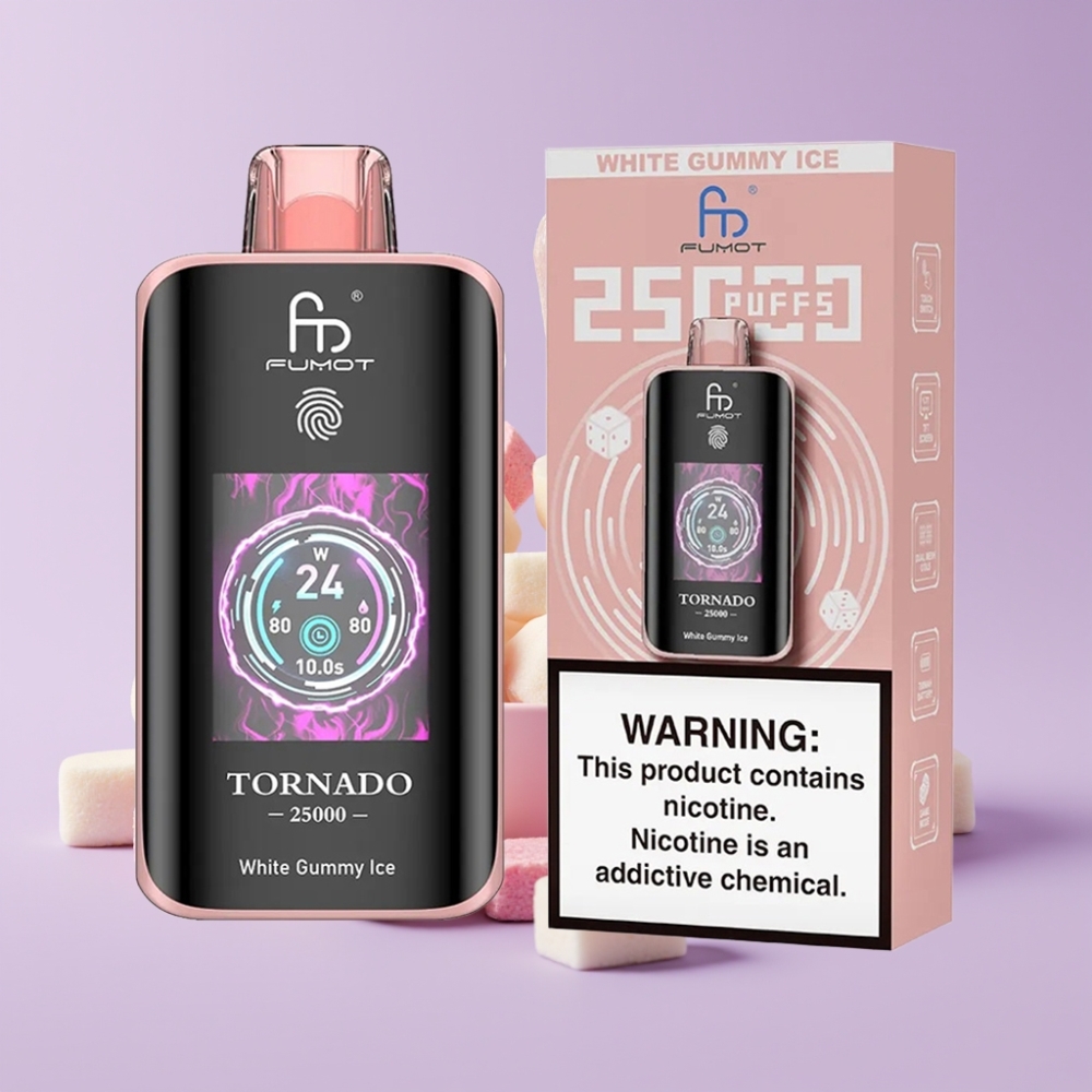 Fumot Tornado 25000 Puffs White Gummy Ice s HD obrazovkou a 700mAh baterií