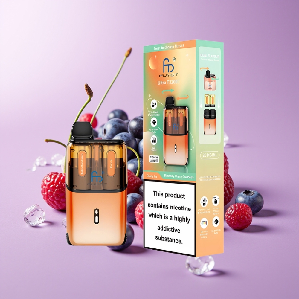 Fumot Ultra T32000 Disposable Vape Borůvka Třešeň Brusinka - Třešňový Led s 800mAh baterií